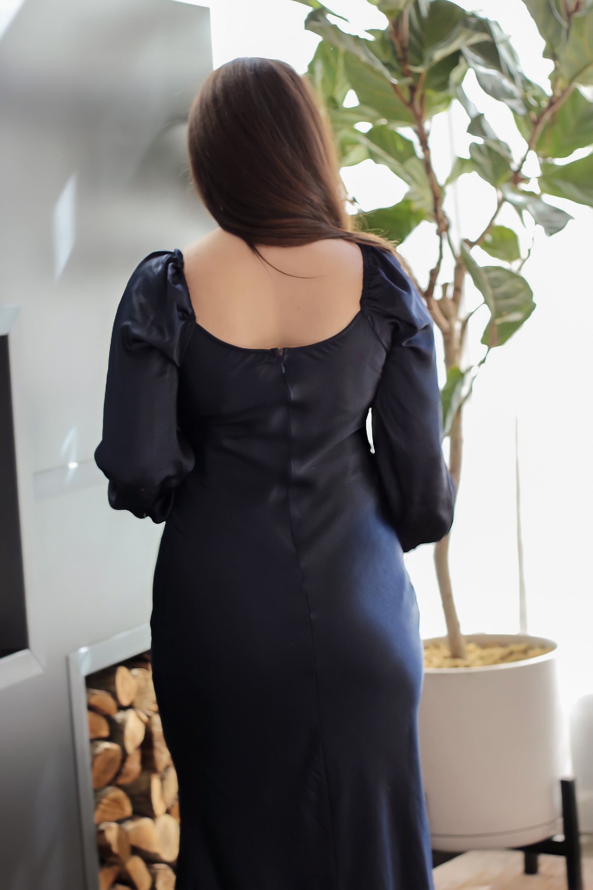 maxi slit long sleeve satin royal blue dark blue navy blue party Christmas evening gifts Christmas gift New Years eve party dress wedding guest dress puff sleeve button sleeve v neck low back sexy cute buttons instagram worthy New York vibes aesthetic photography
