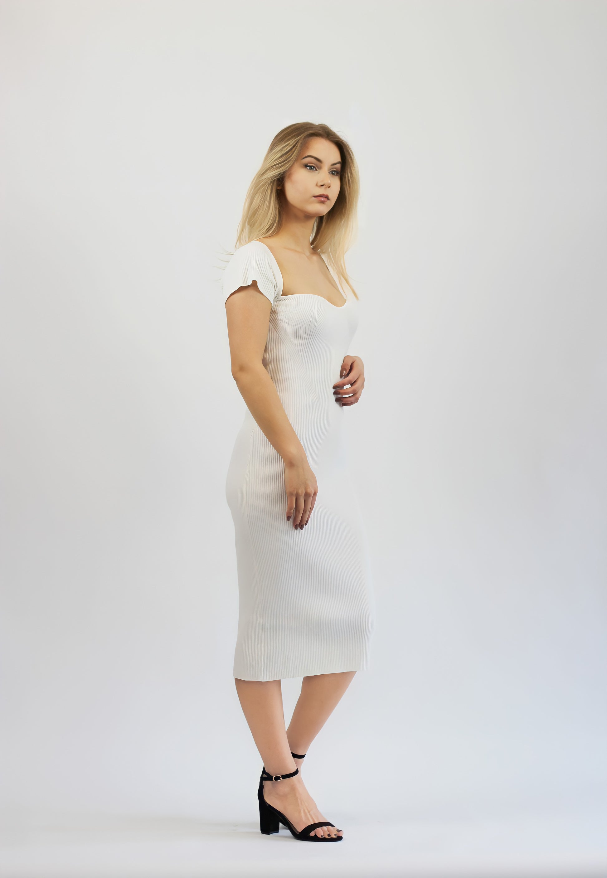 midi short sleeve white dress