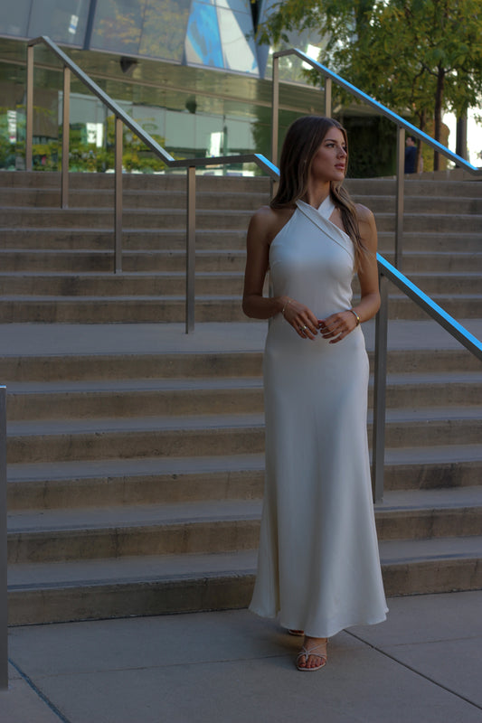 beautiful satin gorgeous halter neck long maxi dress tank dress short sleeve white pearl color good quality 