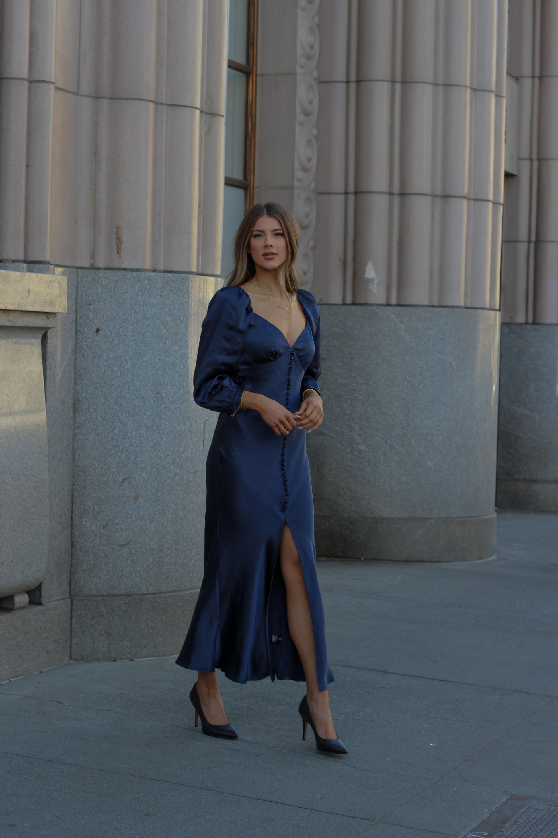 maxi slit long sleeve satin royal blue dark blue navy blue  party Christmas evening gifts Christmas gift New Years eve party dress 